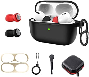 Protective Cover for Air Pods Pro Case, 8 in 1 Silicone Airpod Pro Accessory Kit Set, Alquar Apple Airpod Pro Charging Case Cover Skin with Ear Tips/Dust Guard/Keychain/Ring/Brush/Carrying Box (Black)