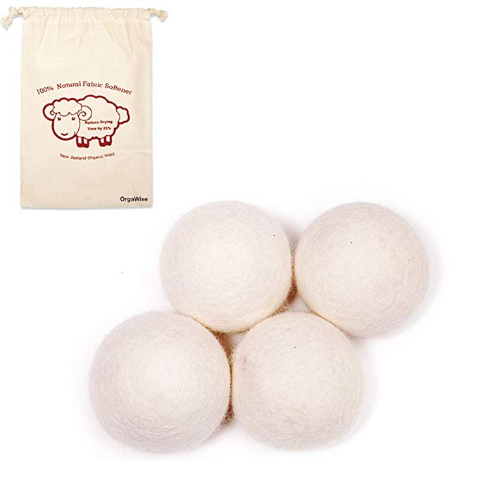 OrgaWise Wool Dryer Balls Set of 4 Pack 100% Organic Zealand Wool Dryer Balls Reusable Natural Fabric Softener Healthy Laundry Life Reduce Wrinkles & Static Cling, Shorten Drying Time(4Pack)