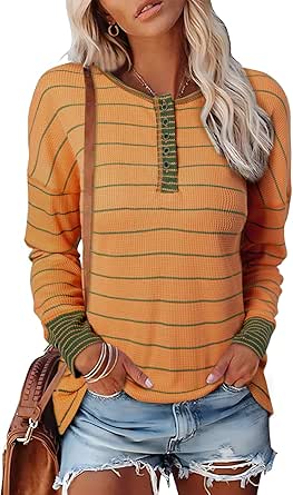 EVALESS Long Sleeve Tops for Women Trendy Striped Button Up Tunic Shirts Loose Fit Sexy Henley Tee Blouses