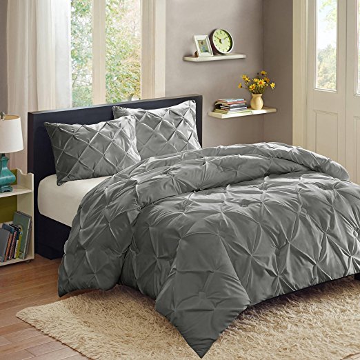 Sweet Home Collection 3 Piece PP Luxury Pinch Pleat Pintuck Fashion Duvet Set, Queen, Gray