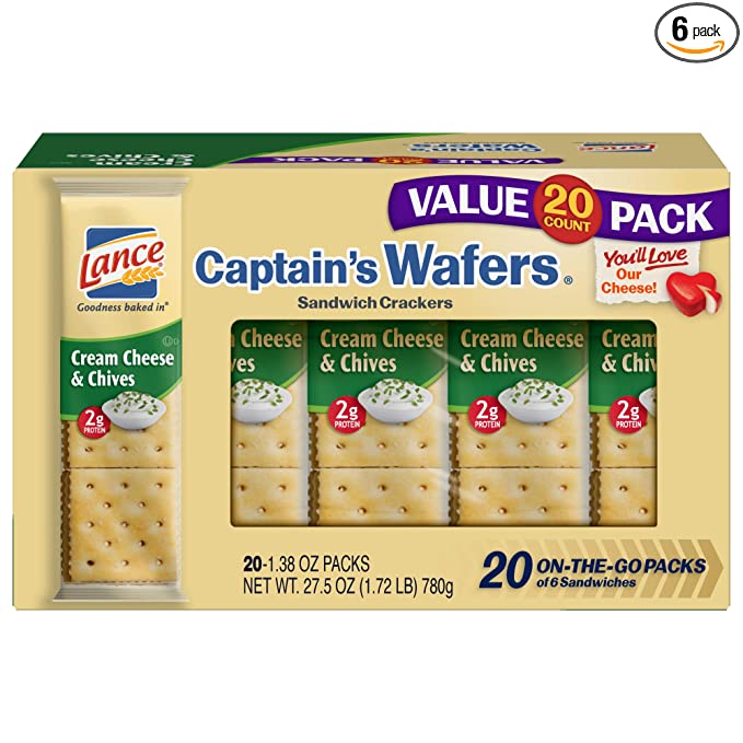 Lance Captain's Wafers Cream Cheese and Chives Sandwich Crackers (20 Count of 1.38 oz Packs), 27.5 oz, Pack of 6