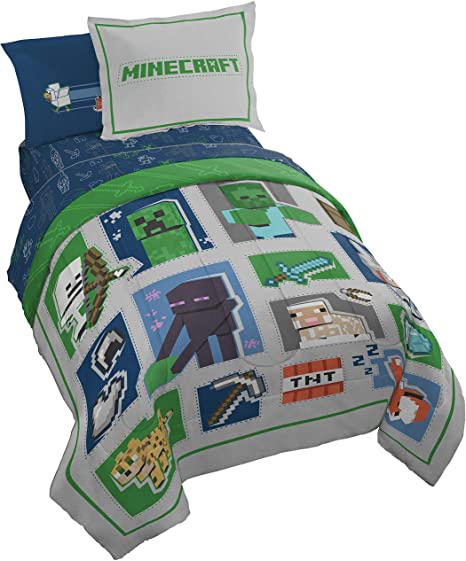 Minecraft Patchwork Mobs 5 Piece Twin Bed Set - Includes Comforter & Sheet Set - Bedding Features Creeper, Ghost, Zombie, & Enderman - Super Soft Fade Resistant Microfiber (Official Minecraft Product)