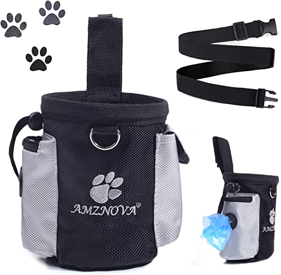 AMZNOVA Dog Treat Bag, Dog Training Bag with Built-in Poop Bag Dispenser & Adjustable Waistband, Easily Carries Pet Toys, Kibble, Treats for Travel or Outdoor Use, Black