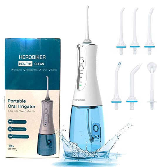 Cordless Water Flosser Teeth Cleaner, HEROBIKER 300ML Portable Rechargeable Portable Oral Irrigator IPX7 Waterproof for Travel Braces & Bridges Care, 3 Modes with 6 Multifunctional Jet Tips
