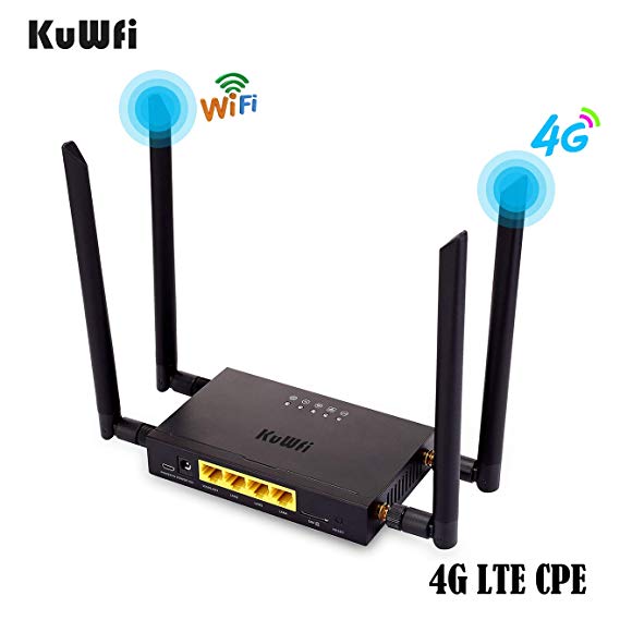 KuWFi 4G LTE Car WiFi Wireless Internet Router 300Mbps Cat 4 High Speed Industry CPE with SIM Card Slot and 4pcs External Antennas for USA/CA/Mexico