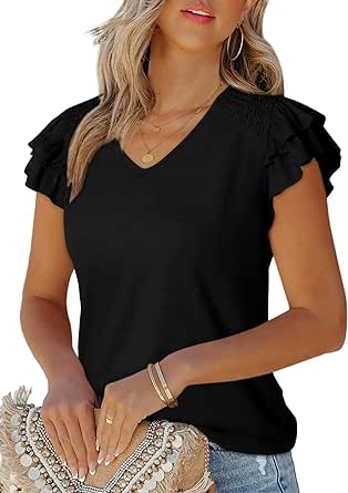 Dokotoo Women's Casual Ruffle Short Sleeve Tops Cute Solid Color Knit Ribbed T Shirts Blouses