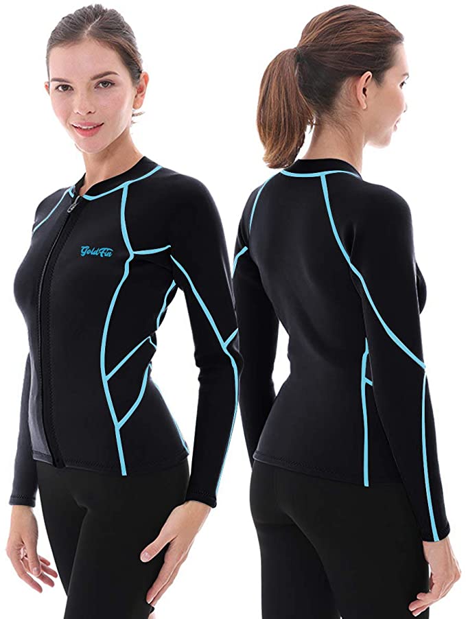 GoldFin Womens Wetsuit Top, 2mm Neoprene Wetsuit Jacket Long Sleeve Wetsuit Shirt for Water Aerobics Diving in Cold Water