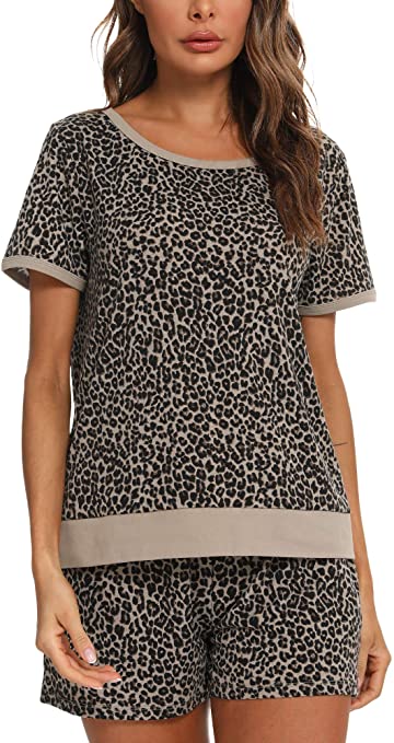 AQF Ladies Pajamas Set Leopard Print Pajamas Pjs Set Short Sleeve Top with Shorts S-4XL