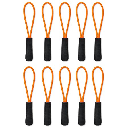 [10] Zipper Pulls - Strong Nylon Cord with Ergonomically Designed Rubber No Slip Textured Gripper Pull to Fit Any Zipper Materials-Zipper Fixer-by NEO Tactical Gear (Black/Orange)