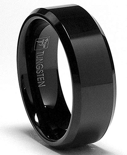 Metal Masters Co. 8MM Black High Polish Beveled Edge Tungsten Carbide Ring sizes 6 to 15