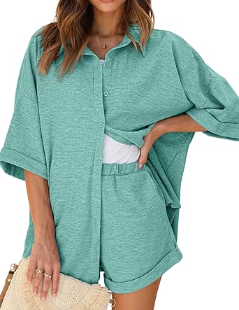 Ekouaer Waffle Knit Lounge Sets for Women Short Sleeve Pajamas Button Down Pjs Oversized Loungewear Shorts Set