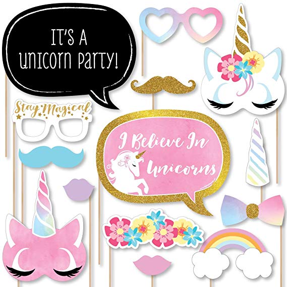 Rainbow Unicorn - Magical Unicorn Baby Shower or Birthday Party Photo Booth Props Kit - 20 Count