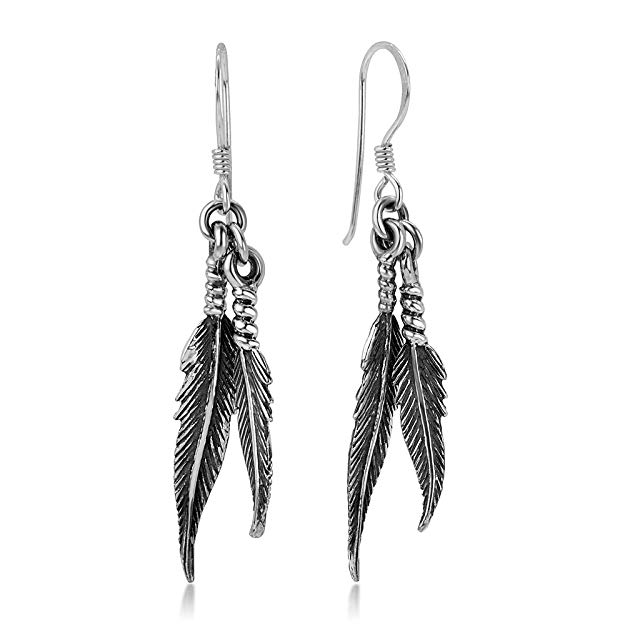 925 Oxidized Sterling Silver Vintage Native American Dangling Bird Feather Dangle Hook Earrings 1.8"