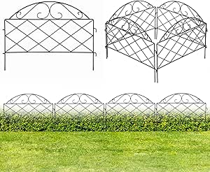 MyGift 21.5 Inch Matte Black Metal Decorative Garden Fence with Vintage Scrollwork Wire Design, Interlocking Fence Panel with Support Stakes, Set of 4