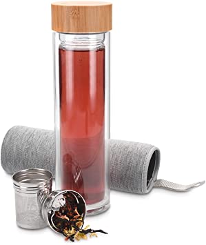 Navaris Glass Water Bottle with Tea Infuser - Double Walled Borosilicate Glass Travel Tumbler with Bamboo Lid and Non Slip Gray Neoprene Sleeve - 17oz