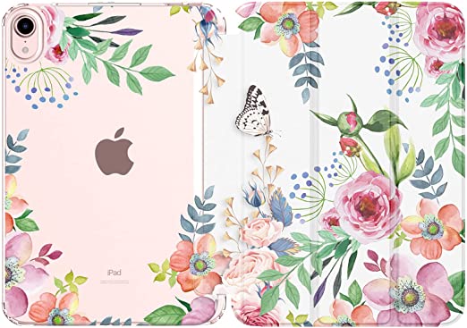 MoKo Case Fit New iPad Mini 6 2021 (6th Generation 8.3 inch), Soft TPU Translucent Frosted Back Cover Slim Smart Shell Stand Folio Case for iPad Mini, Auto Wake/Sleep, Fragrant Flowers