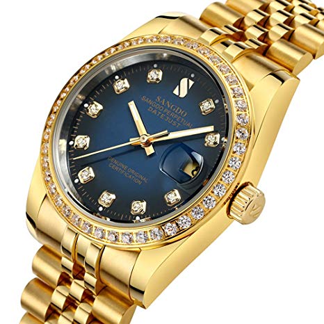 Gosasa Blue Dial Diamonds Men's Gold Stainless Steel Band Automatic Mechanical Watches