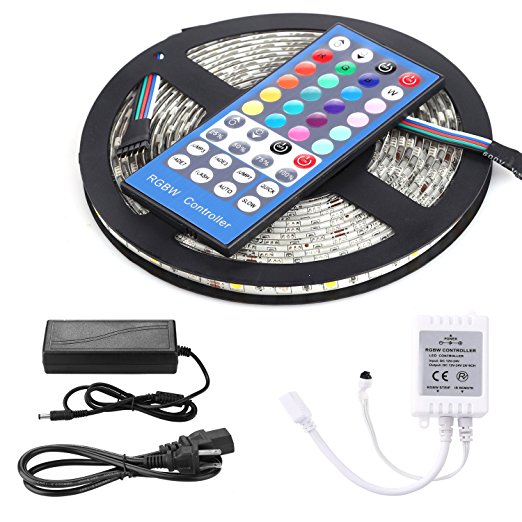 Sehon 16.4ft (5m) 5M 5050 SMD RGB White Mixed Color Changing Flexible LED Strip Light 300 LEDs Waterproof LED Light with 40-key Multi-function RGBW LED Strip Remote Controller   Power Supply