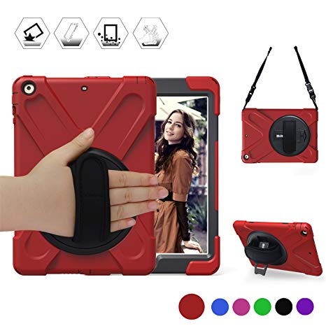 New iPad 2017/2018 9.7 inch Case,BRAECN Heavy Duty Kickstand Shockproof Protective Case Cover for Apple New iPad 9.7 inch (2017/2018 Version) with a Hand Strap/a Shoulder Strap Red/Black