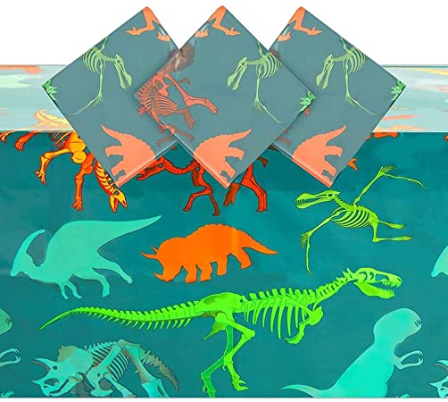 Dinosaur Fossil Plastic Tablecloth for Birthday Party (54 x 108 in, 3 Pack)