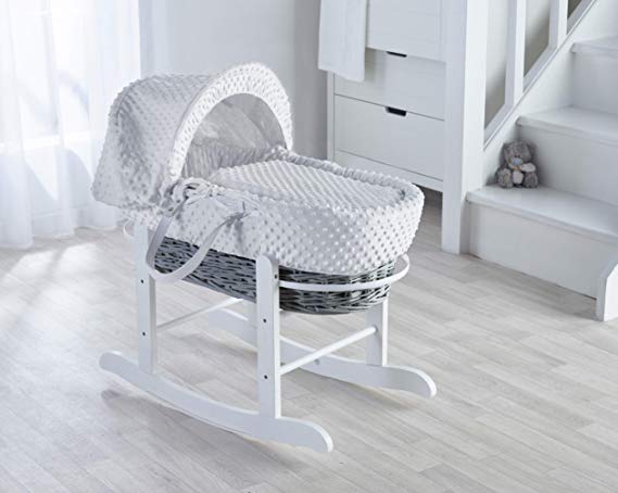 White Dimple on Grey Wicker Padded Moses Basket & Deluxe White Rocking Stand.