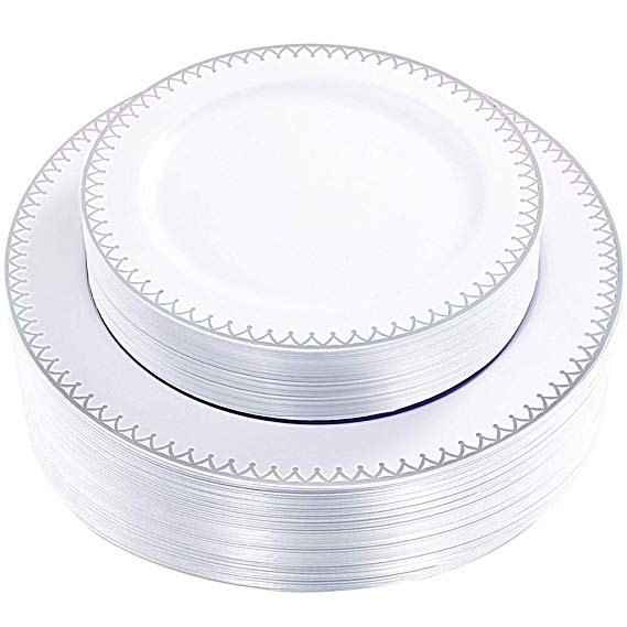 WDF 60 pieces Silver Plastic Plates-Disposable Silver Rim Wedding Party Plates,Premium Heavy Duty 30-10.25" Dinner Plates and 30-7.5" Salad Plates Combo