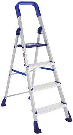 AmazonBasics Clamber Pro - Foldable Step Ladder, Firm Grip, 4 Steps (Aluminium Steps, Blue & Satin)