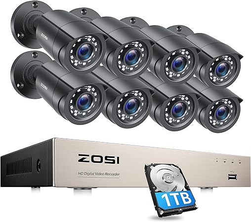 ZOSI 8CH CCTV Camera System, 5MP Lite DVR and 8x 1080p Security Outdoor Cameras, Email Alert, Smart Playback, 100ft Night Vision, 1TB Hard Drive