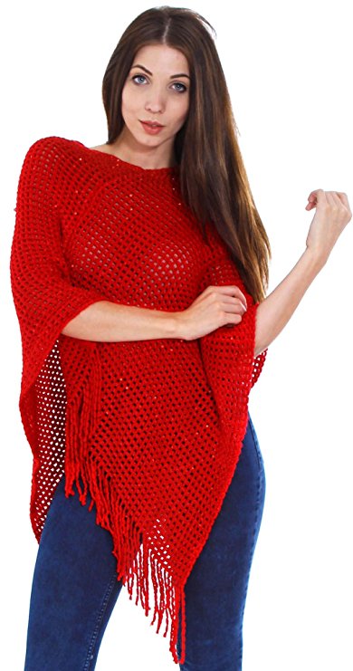Simplicity Women's Long Knitted Pullover Tassel Edge Poncho Sweater