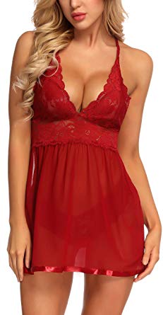 RZS Sexy Lingerie Lace Cup Babydoll Sets for Women Open Back Style Strap Dress Mesh Nightwear