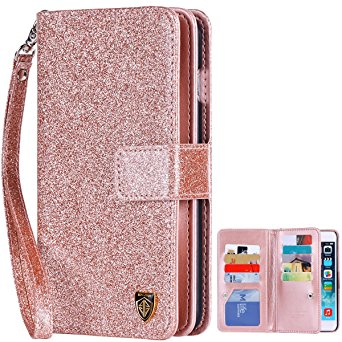 iPhone 7 Case, iPhone 7 Wallet Case, BENTOBEN Glitter Luxury Bling Faux Leather Flip Folio Wallet Case Credit Card Slots Cash Holder Wristlet Magnetic Snap Closure, Rose Gold