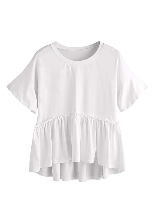 Romwe Women's Loose Ruffle Hem Short Sleeve High Low Peplum Blouse Top