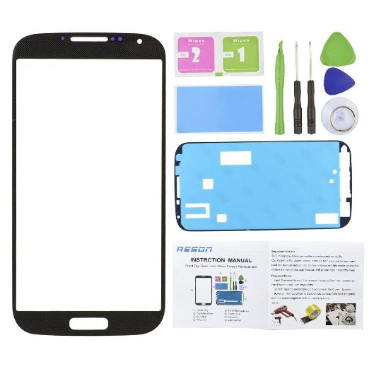 Reson® Black Front Replacement Screen Glass Lens for Samsung Galaxy S4 SIV I9500 I337 L720 M919 I545 tools Kit dry/wet/dust Cleaning Paper adhesive Sticker Tape