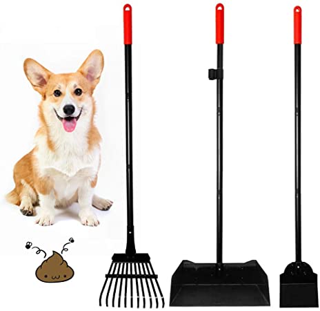 EXPAWLORER Dog Poop Rake and Scoop - 3 Pack Upgraded Metal Pooper Scooper for Dogs, Pet Waste Removal with Adjustable Handle, Red & Black