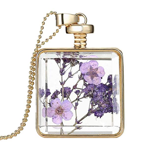 Gijoki Women Dried Flower Glass Square Perfume Bottle Pendant Necklace Pendants