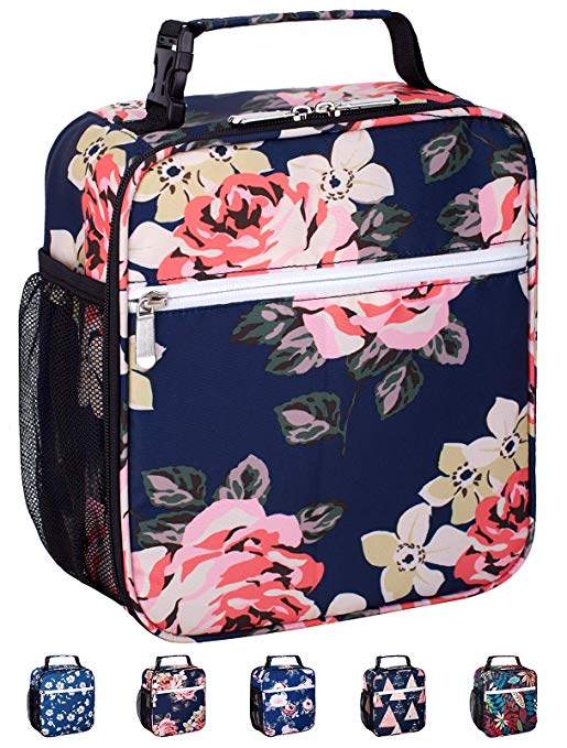 Leakproof Insulated Reusable Cooler Lunch Bag - Durable Compact Office Work School Lunch Box with Multi-Pockets & Detachable Buckle Handle for Women,Men and Kids-Peony Blue