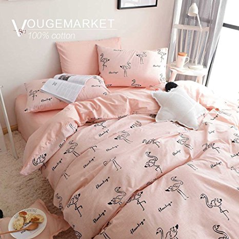 Vougemarket 3 Pieces Cotton Duvet Cover Set with Flamingo Printed Pattern,Luxury and Lightweight Style Comforter Cover for Girls-King,Flamingo