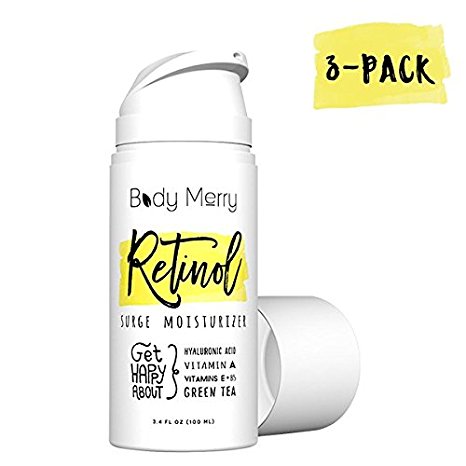 Body Merry Retinol Surge Moisturizer, 3-Pack: All in one anti aging / wrinkle & acne face cream w natural Hyaluronic Acid   Vitamins for day & night - Perfect for Deep hydration