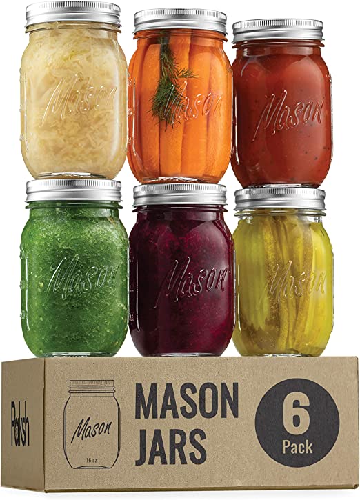 Premium Glass Mason Jars (474ml) Glass Jars with Silver Metal Airtight Lids for Meal Prep, Food Storage, Canning, Drinking, for Overnight Oats, Jelly, Dry Food, Salads, Yogurt (6 Pack)