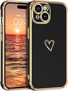 BENTOBEN for iPhone 15 Plus Case, iPhone 15 Plus Phone Case, Cute Heart Luxury Gold Plating Slim Flexible TPU Bumper Protective Cover, Women Men Girls Boys Phone Case for iPhone 15 Plus 6.7", Black