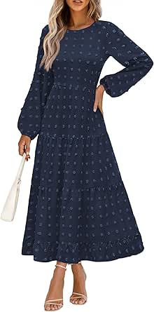 PRETTYGARDEN Women's Fall Elegant Long Sleeve Maxi Dress Swiss Dot A Line Flowy Casual Holiday Party Going Out Dresses