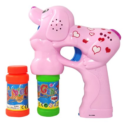 Haktoys Pink Puppy for Girls Bubble Blowing Shooter Gun with Light, Barking Sound & Music, 3 x AA Batteries, and Extra Bottle