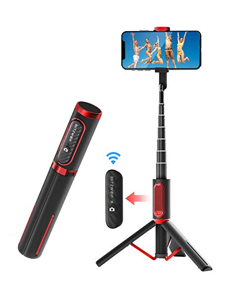 Selfie Stick Bluetooth, BlitzWolf Lightweight Aluminum All in One Extendable Selfie Stick Tripod with Wireless Remote for iPhone Xs MAX/XR/XS/X/8/8P/7/7P/6s/6, Galaxy S10/S9/S8/S7Note 9, Huawei, More