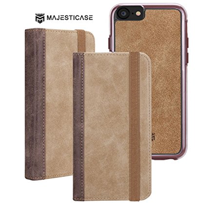 Majesticase iPhone 7 Premium Suede Leather Wallet Case   Detachable Removable Magnetic Hybrid Protective Shell Cover & Elastic Band Closure [Book Style] Card Holder - Desert Brown