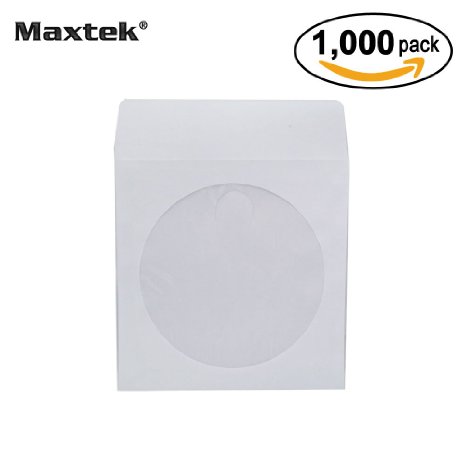 Maxtek 1,000 Pieces White Paper CD DVD Sleeves Envelope Holder with Clear Window and Flap, 80g Economy Weight.