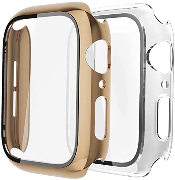 [2 Pack] GBPOOT Case Compatible with Apple Watch Hard Case 42mm with Ultra-Thin TPU Full Screen Protector Film,Hard PC Shockproof Bumper Cover for iWatch Series 3/2/1，Light Gold/Clear#42mm