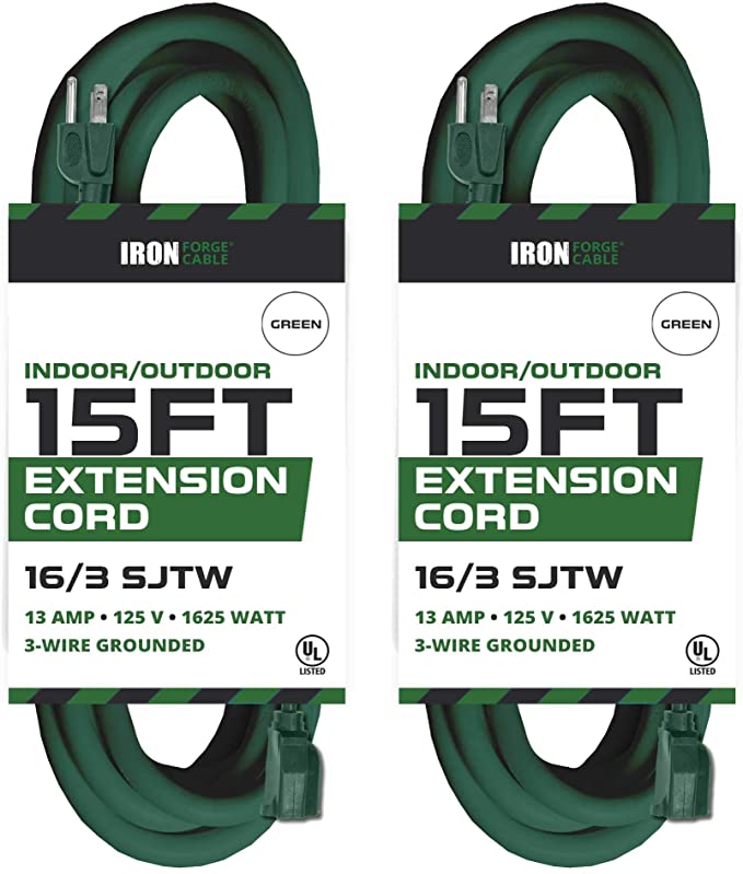 Pack of 2 Outdoor Extension Cords, 15 FT ea - 16/3 Durable Green 3 Prong Extension Cord Pack