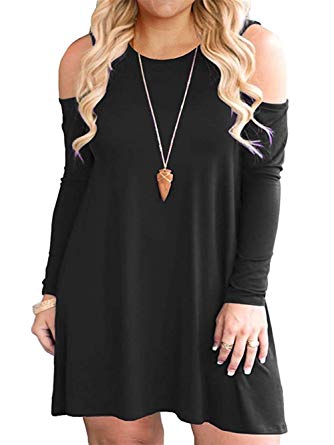 VISLILY Women's Plus Size Cold Shoulder Casual Swing T-Shirt Dress with Pockets XL-4XL