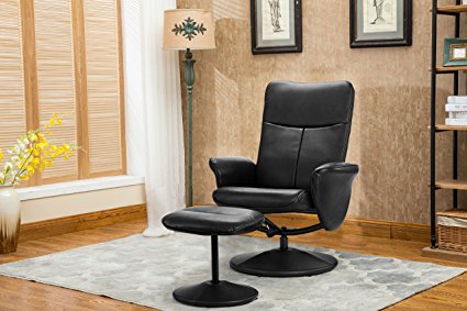 Modern Living Room Faux Leather Recliner Chair with Footstool , Reclining Swivel Office Chair, Gaming Chair (Black)