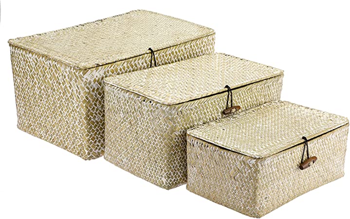 Hipiwe Set of 3 Natural Seagrass Storage Baskets with Lid - Large Handwoven Wicker Storage Bins Rectangular Household Organizer Boxes Shelf Wardrobe Organizer, Whitewash